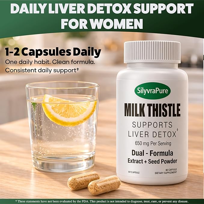 Milk Thistle for Women – Supports Liver Detox &amp Cleanse Hormone Balance &amp Skin Clarity | Dual Formula 650mg 80% Silymarin No Fillers Pullulan Capsules Non-GMO 60 Capsules