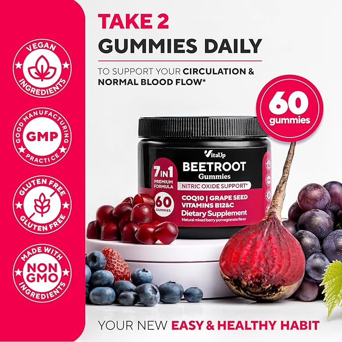Beet Root Gummies – Beetroot Supplement with CoQ10 Grape Seed Vitamin C B12 &amp B3 – Nitric Oxide Gummies for Circulation Support – Beet Supplement for Energy &amp Immune Support – 60 Beets Chew