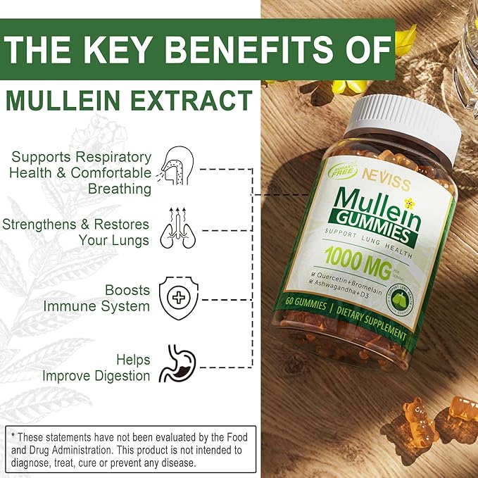 NEVISS Mullein Leaf Extract for Lungs Gummies with Vegan Multivitamin Gummies for Women Men