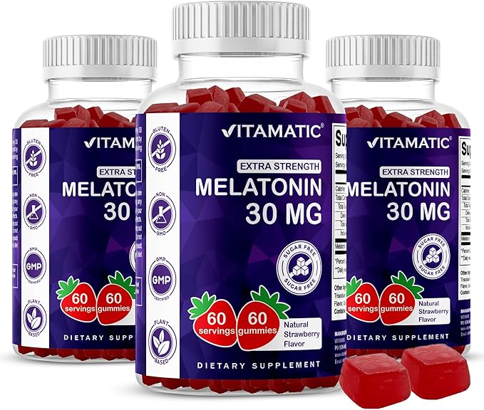 Vitamatic Sugar Free Melatonin 30mg per Gummy - 60 Servings - 60 Vegetarian Gummies - Non-Habit Forming Supplement (60 Count (Pack of 3))