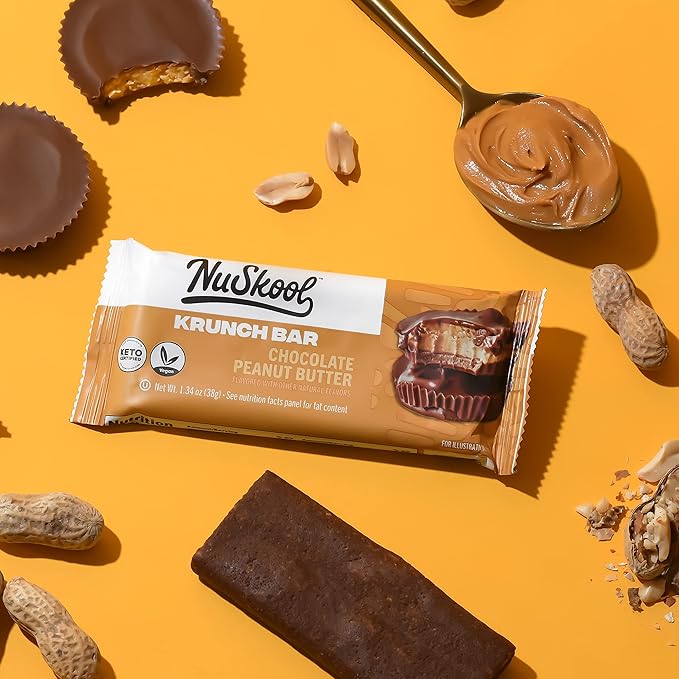 NuSkool Snacks Chocolate Peanut Butter Keto Friendly Protein Krunch Bars (12 Pack) - 7g Fiber 10g Clean Plant-Based Protein 3g Net Carbs - Gluten-Free Non-GMO Vegan Low Carb Keto Healthy Breakfas