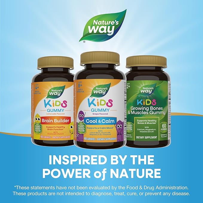 Nature's Way Kids Cool &amp Calm GummiesSupports a Calm Mood in Kids Ages 8+*Lemon BalmMagnesiumVitamin B6L-TheanineGrape FlavoredVegetarian(Packaging May Vary)40 Count (Pack of 2)