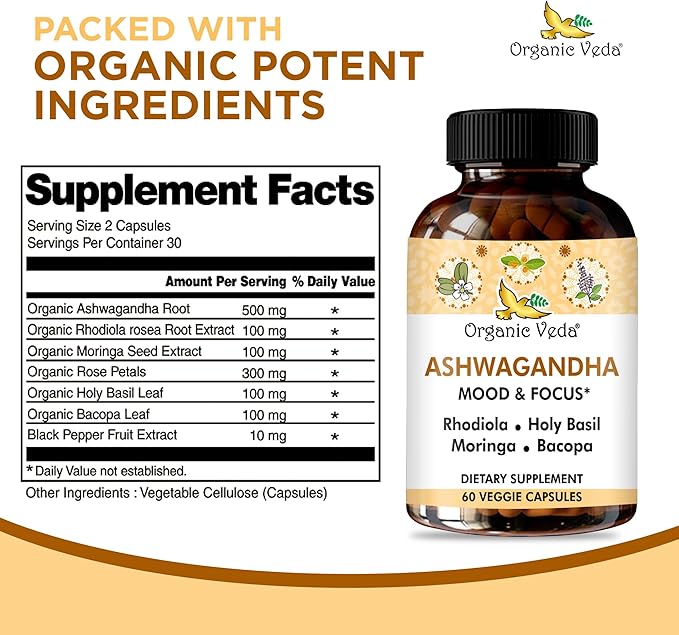 Organic Veda Ashwagandha Mood Support Supplement 1200mg with Organic Ashwagandha Root Bacopa Rhodiola Rosea Holy Basil Moringa Focus &amp Energy Support - 60 Vegan Capsules