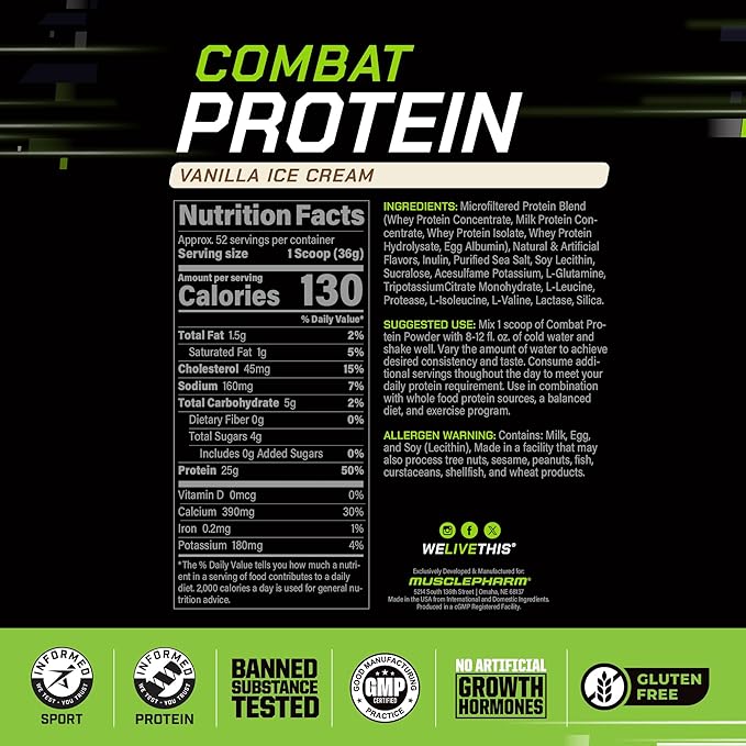 MusclePharm Combat Protein Powder Vanilla Flavor Fuels Muscles for Productive Workouts 5 Protein Sources including Whey Protein Isolate &amp Egg Albumin Gluten Free 4 lb 52 Servings
