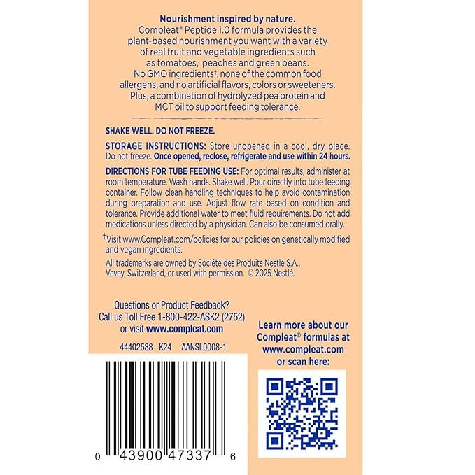 Nestle Compleat Peptide 1.0 Tube Feeding Formula Vegetable/Fruit Medley Flavor 250 mL Carton 6 Count