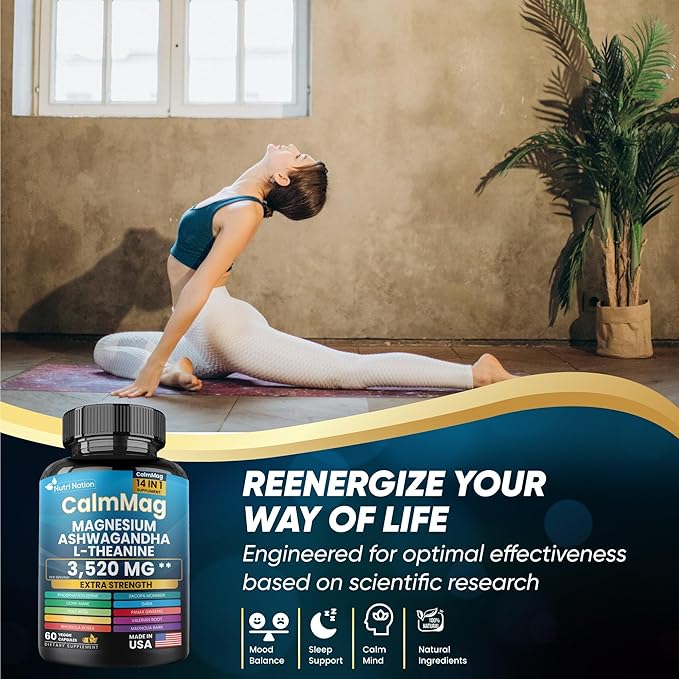 Best Magnesium Glycinate with Ashwagandha and L-Theanine 14 in 1 Supplement 60 Capsules 3 Bottle