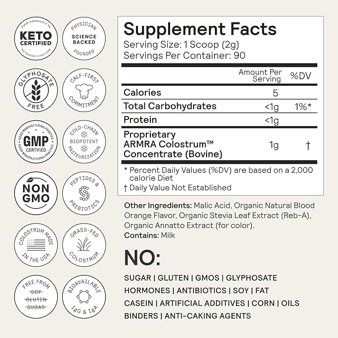 ARMRA Colostrum Powder | Blood Orange | Gut Health &amp Bloating | Skin &amp Hair | Immunity | Keto Gluten &amp Fat-Free | 90 Servings