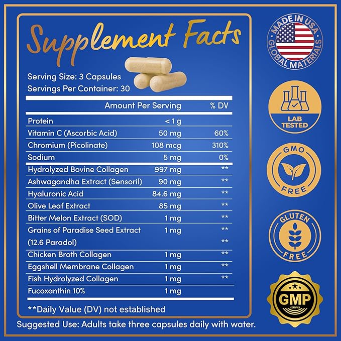 Thermogenic Multi Collagen Burn Capsules - Hydrolyzed Multi Collagen Complex Types I II III V X Marine Collagen Hyaluronic Acid - Beauty and Anti-Aging Supplement for Women and Men - 90 Pills