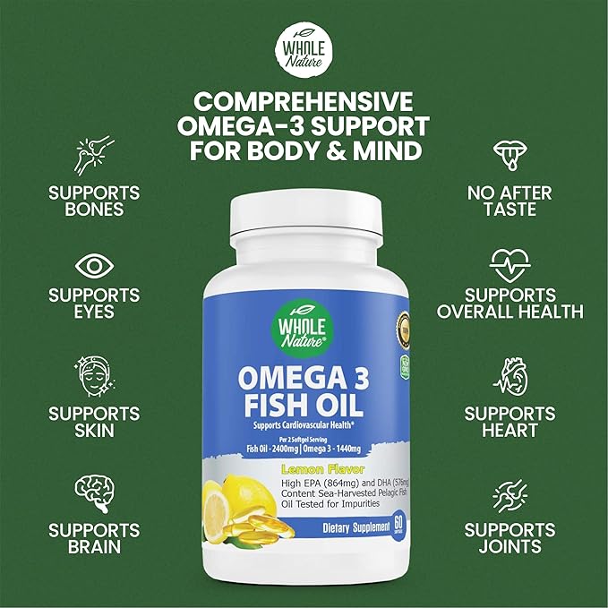 Omega 3 Fish Oil Supplements Maximum Strength 2400 mg Omega-3 1440mg Fish Oil EPA DHA Fatty Acids Heart Health Vision Eye Brain Immune Support for Women &amp Men. Natural Lemon Flavor 180ct