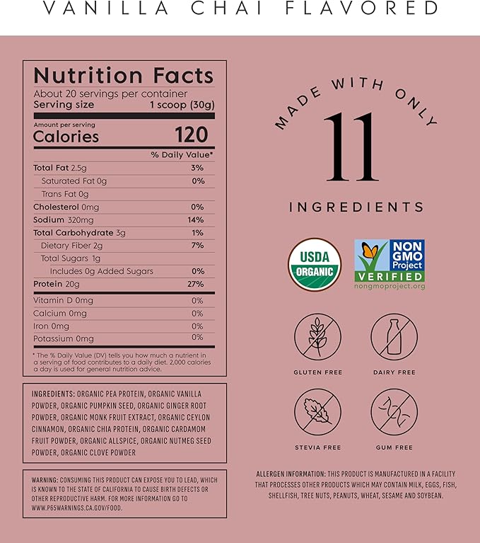 Truvani Vegan Pea Protein Powder | Vanilla Chai | 20g Organic Plant Based Protein | 20 Servings | Keto | Gluten &amp Dairy Free | Low Carb | No Added Sugar