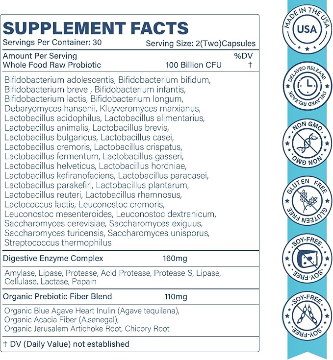 Raw Probiotics for Women &amp Men - 100 Billion CFU 35 Strains Organic Prebiotics &amp Natural Digestive Enzymes for Digestive Gut &amp Immune Health - Dairy Soy and Gluten Free Non-GMO 60 Ve