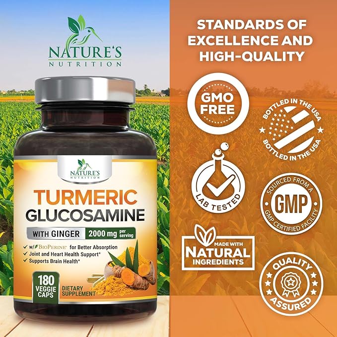 Turmeric Curcumin Supplement - 95% Curcuminoids with Glucosamine Ginger &amp MSM BioPerine Black Pepper Extract for Best Absorption Natural Vegan Joint Support Non-GMO Bottled in USA - 180 Capsu