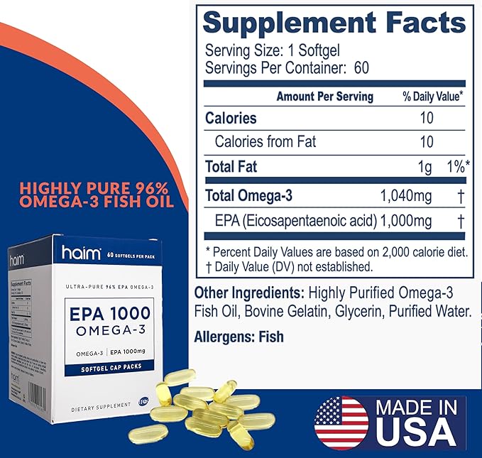 HAIM EPA1000 – High-Potency EPA Fish Oil Supplement – 1000mg Omega-3 for Heart Brain &amp Joint Health – Pure Burpless Capsules – 60 Softgels – Made in USA