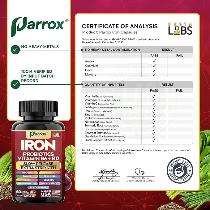 Iron Supplement Slow Release Iron Probiotics Spirulina Turmeric Vitamin B6 Methylated B12 Vitamin C Zinc Beetroot Nettle Leaf Dandelion Root Black Pepper Extra Strength 60 Capsules 2Pack
