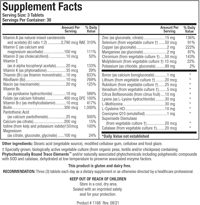 Biotics Research Bio Multi Plus Iron Free Multivitamin Chelated Minerals Iron Free Emulsified Fat Soluble Vitamins High antioxidants SOD Catalase 90 Tablets