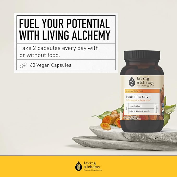 Living Alchemy Turmeric &amp Ginger Supplement - Fermented Turmeric Capsules for Gut Mobility &amp Joint Support - Natural Herbal Supplements - Vegan Non-GMO Filler-Free &amp Dairy-Free 60 Pcs