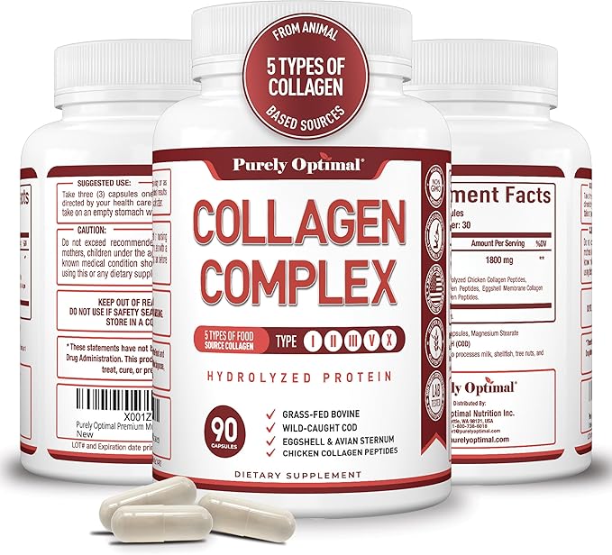 Purely Optimal Premium Multi Collagen Peptides Capsules (Types I II III V X) - Hair Skin and Nails Digestive &amp Joint Health Supplement Hydrolyzed Collagen Pills (90 Capsules)