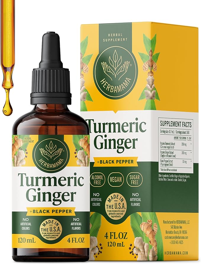 HERBAMAMA Turmeric and Ginger Supplement - Vegan Immune Complex with Liquid Turmeric with Ginger and Black Pepper Extract - Non-GMO Alcohol &amp Sugar-Free Immunity Drops - 56-Day Supply