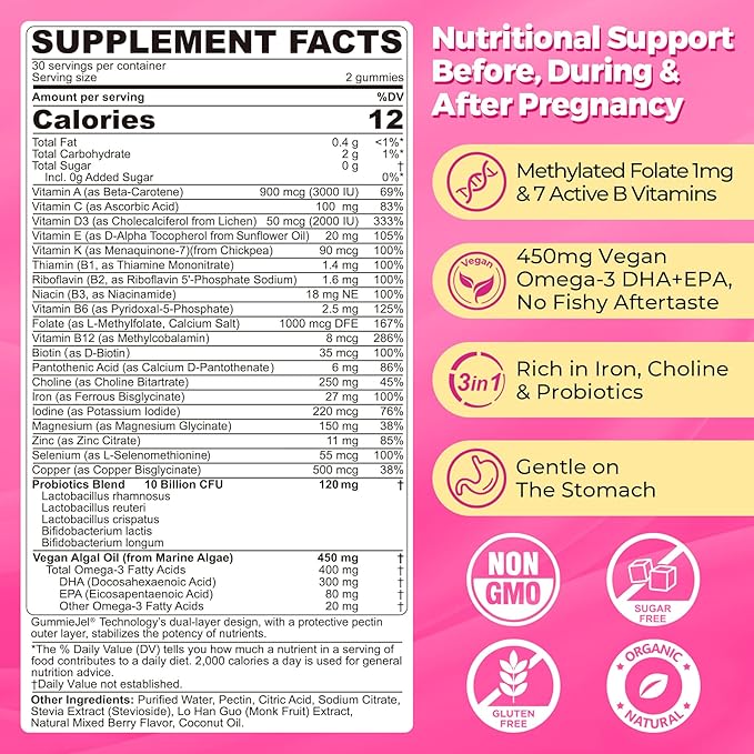 NEVISS Sugar Free 2 Pack 40:1 Ratio Inositol Gummies + 1 Pack Prenatal Vitamins for Women Gummies for BeforeDuring &amp After Pregnancy
