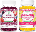 Lunakai USA Made Hair Glow &amp Grow + Collagen Extra Strength Gummies Bundle – Naturally Flavored Non-GMO – 60ct Each