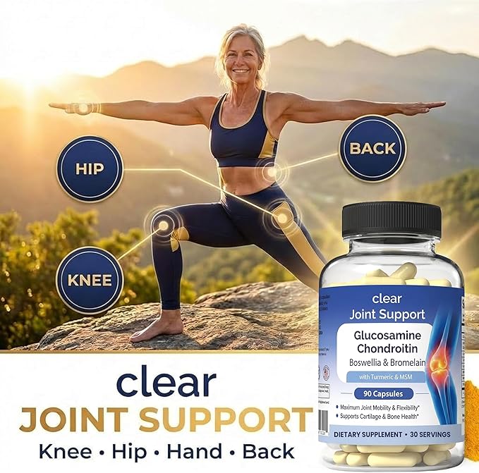Clear Joint Support - 1500mg Glucosamine Chondroitin MSM - 8 in 1 Joint Health Supplement with Turmeric and Boswellia for Men &amp Women Knee Hip &amp Back Support Made in USA 90 Capsules