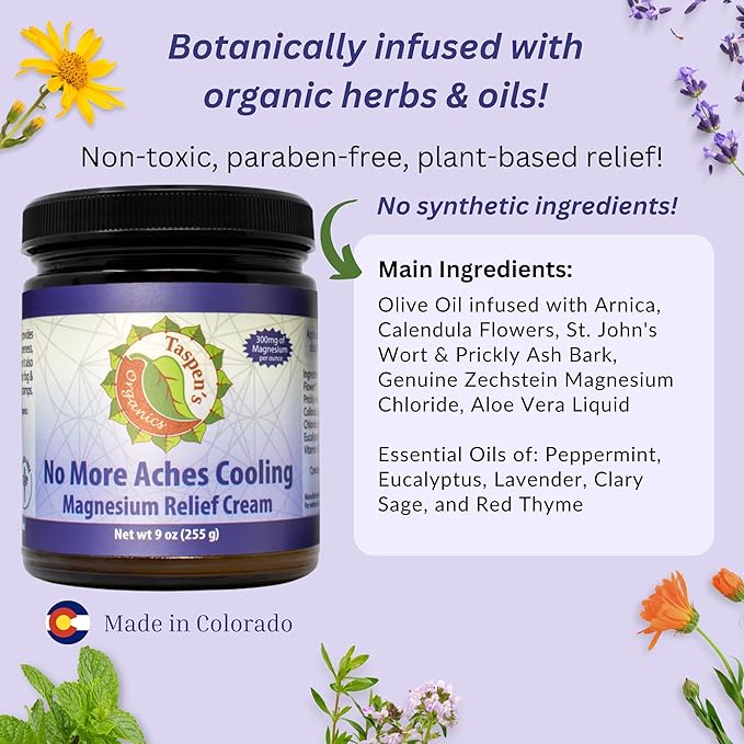 Taspen’s Organics Magnesium No More Aches Cooling Cream – Topical Magnesium Cream for Muscle Relief Sore Muscles &amp Post-Workout Recovery with Arnica Herbs &amp Essential Oils