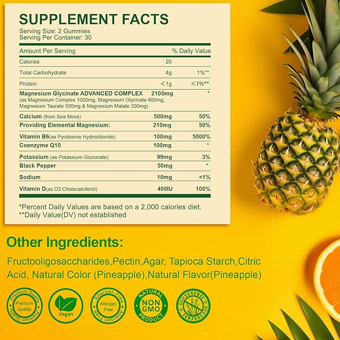 Magnesium Glycinate Gummies 400mg Sugar Free Magnesium TaurateMagnesium Malate Supplement with Vitamin D B6 CoQ10 for Relaxation Stress Relief Muscle Bone &amp Sleep Support-120 Pineapple Gumm