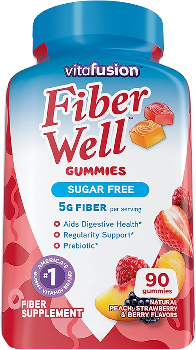 L’il Critters Fiber Daily Gummy Supplement for Kids for Digestive Support &amp Vitafusion Fiber Well Sugar Free Fiber Supplement Peach Strawberry and BlackBerry Flavored Supplements 90 Count