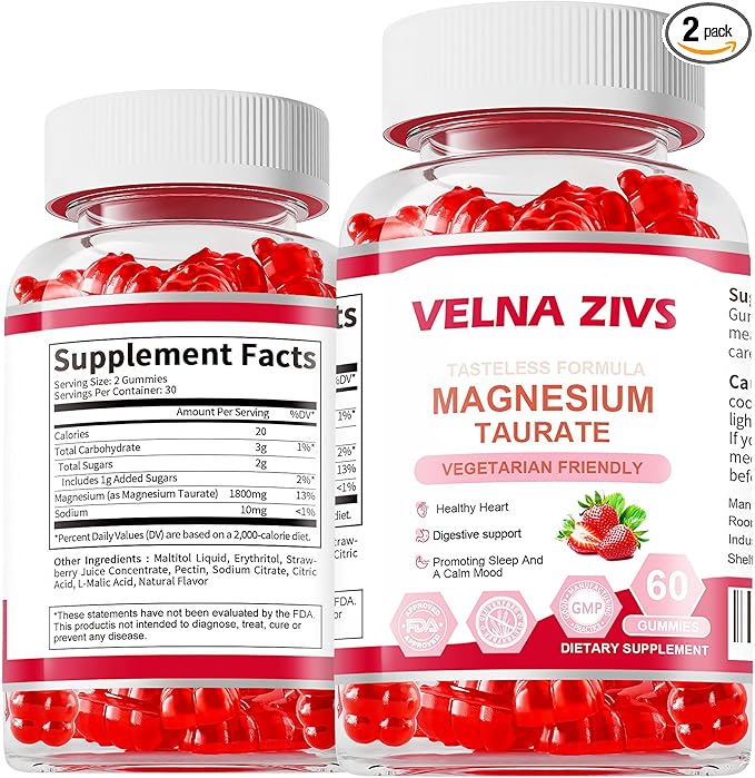 Magnesium Taurate Gummies 1800mg Magnesium Taurate Supplement High Absorption &amp Chewable for Kid and Adults Muscle and Heart Health Support Vegan Gluten Free 120 Counts（2 Pack）