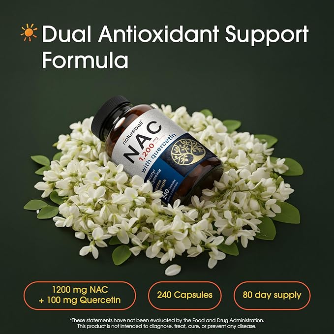 NatureBell NAC 1200mg with Quercetin - 240 Capsules - N-Acetyl Cysteine - Antioxidant Supplement for Cellular Health - Supports Liver Lung &amp Immune Function*