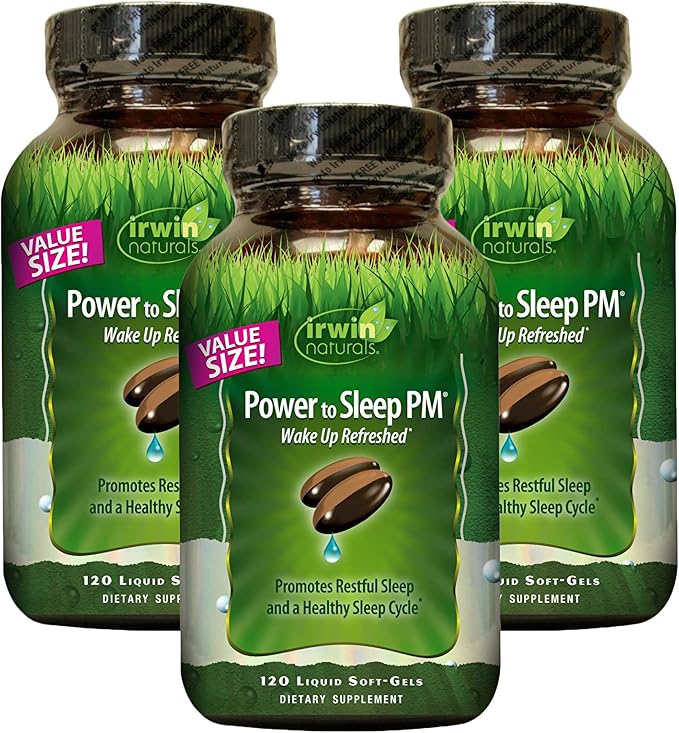 Irwin Naturals Power to Sleep PM - 120 Liquid Soft-Gels Pack of 3 - with Melatonin GABA Ashwagandha Valerian Root &amp L-Theanine - 180 Total Servings