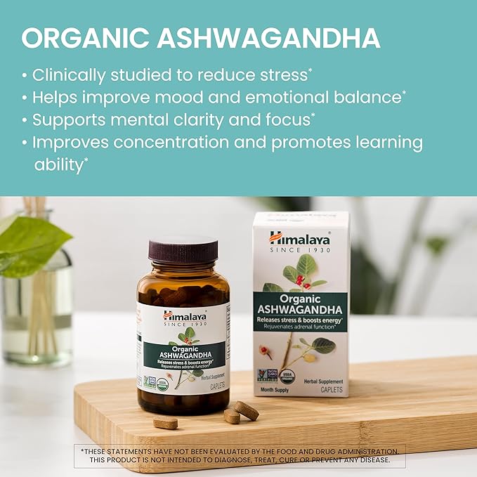 Himalaya Organic Ashwagandha Root 120 Day Supply - Herbal Adrenal Support Supplements for Stress Relief and Energy Support - USDA Organic Non-GMO Vegan Gluten Free 60 Caplets 2 Pack
