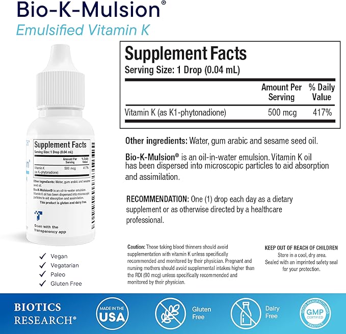 Biotics Research Bio K Mulsion Liquid Vitamin K Drops - 500 mcg/S - Vitamin K1 phytonadione for Adults - VIT K Supplement - Strong Bones Heart Health Blood Clotting Support 1 fl oz