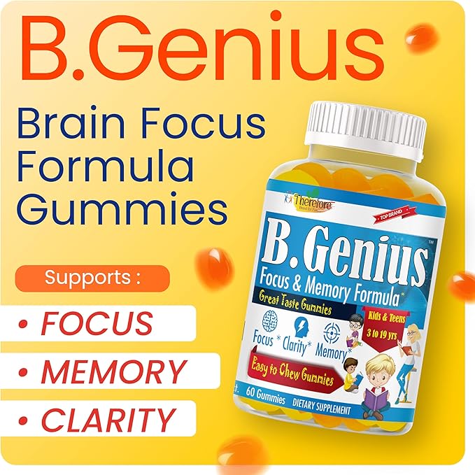 B.Genius Focus Gummies for Kids &amp Teens – Kids Focus and Attention Supplements – Memory &amp Concentration –Plant-Based Focus Supplement for Clarity Learning &amp Cognitive Health-60ct