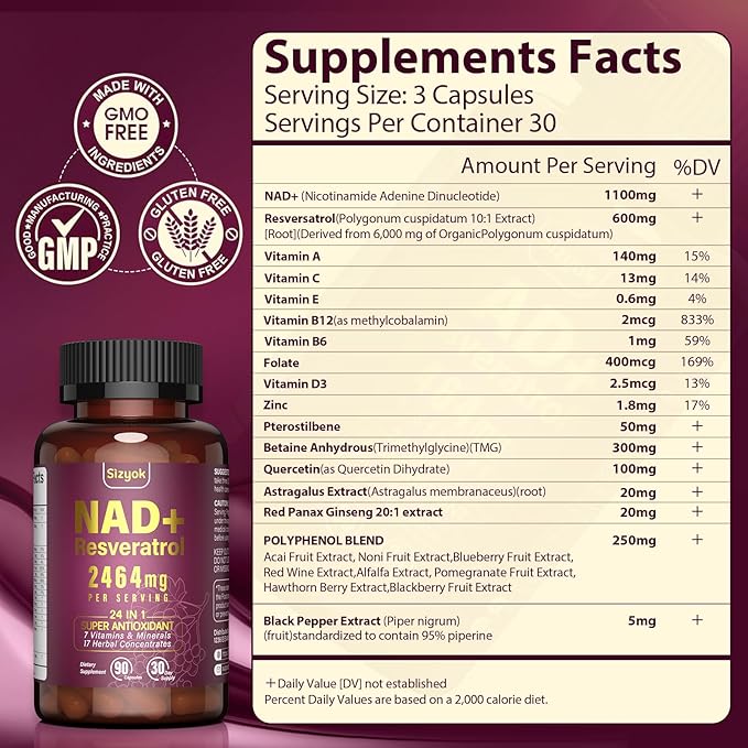 NAD Supplement 1100mg + Resveratrol 600mg – Advanced Liposomal NAD+ Capsules with Pterostilbene &amp Quercetin