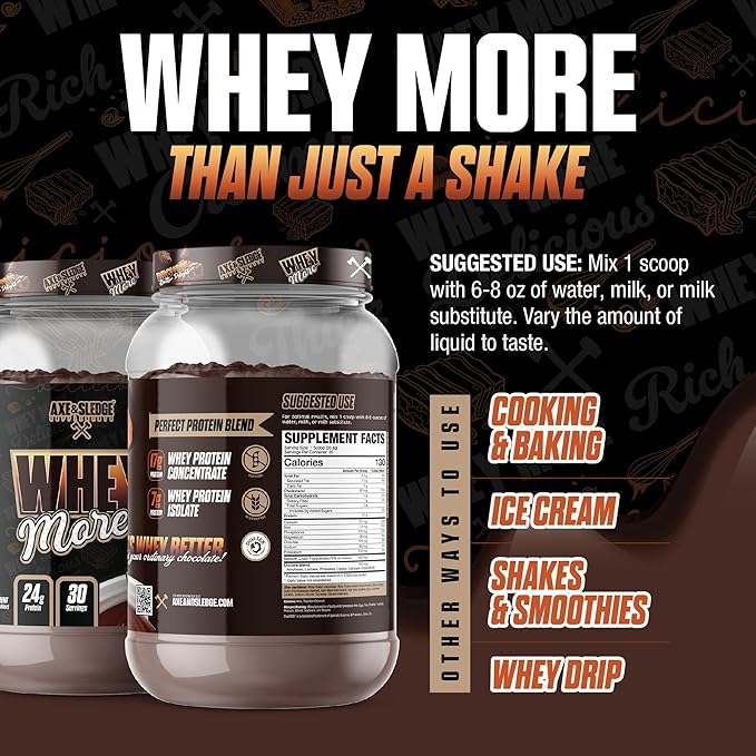 Axe &amp Sledge WHEY More Premium Protein Blend | 24g Protein Whey Concentrate &amp Isolate | Prebiotic Fiber for Enhanced Absorption | Creamy Delicious Versatile | 30 Servings Brownie Batter