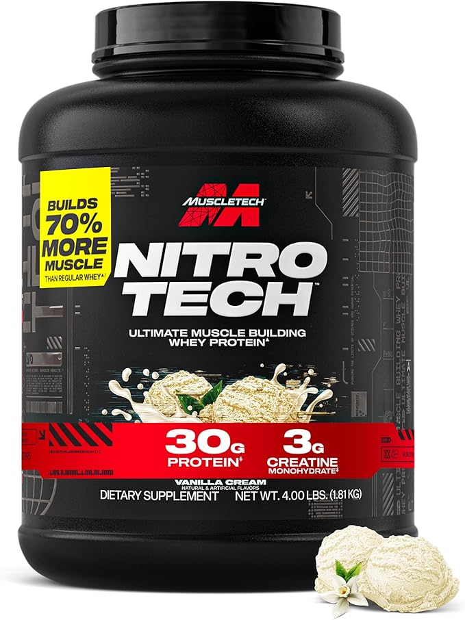 Muscletech Whey Protein Powder (Vanilla Cream 4 Pound) - Nitro-Tech Ultimate Muscle Building Formula with Whey Protein Isolate - 30g of Protein 3g of Creatine &amp 6.8g of BCAA - Packaging May Vary