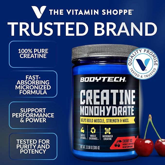 BodyTech 100% Pure Creatine Monohydrate Powder - Micronized for Maximum Absorption - Supports Muscle Strength &amp Power Output - Cherry Ice (13.58 oz 55 Servings)
