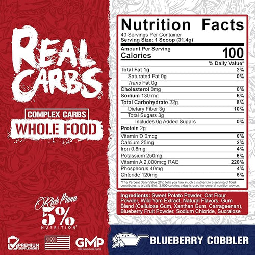 5% Nutrition Rich Piana Real Carbs with Real Food Complex Carb Powder Long-Lasting Low Glycemic Energy for Pre-Workout/Post-Workout Recovery Meal 2.8 lb 40 Servings (Blueberry Cobbler)