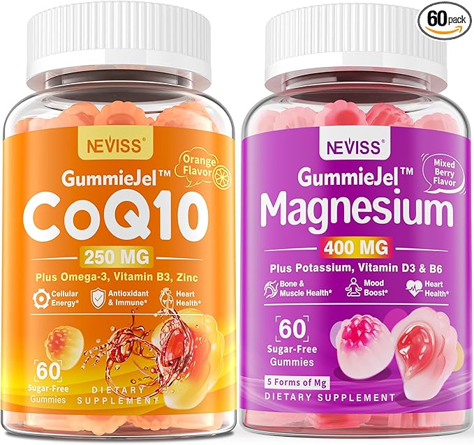 NEVISS Sugar Free CoQ10-250mg Filled Gummies + 5 Types of Magnesium 400mg Sugar Free Magnesium Filled Gummies for Adults 60 Counts