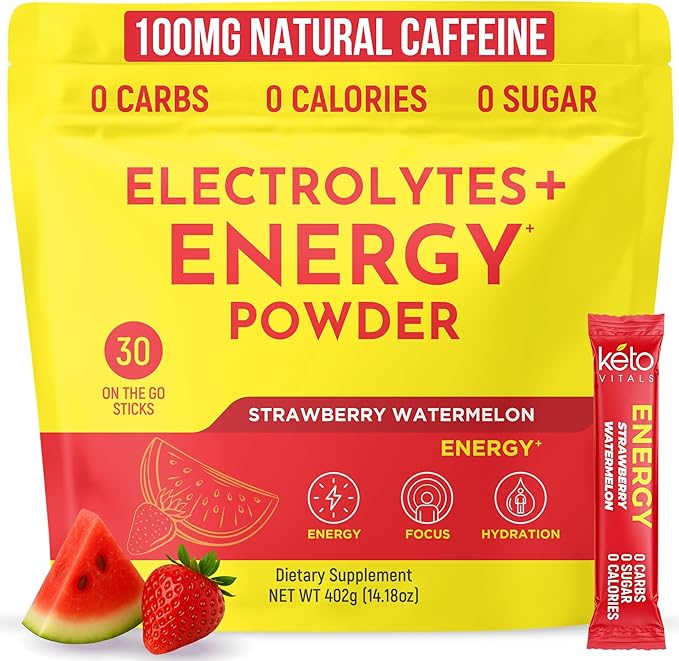 Keto Vitals Electrolyte Energy Drink Powder Packets - Electrolyte Supplement with 100mg Natural Caffeine L Theanine &amp Organic Lion's Mane Extract - Strawberry Watermelon Keto Powder Packets 30 C