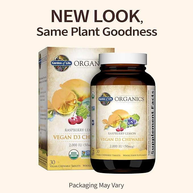 Garden of Life Organics Vegan Vitamin D3 Chewable Raspberry Lemon 2000 IU + Zinc Supplements 30mg Raw Zinc Vitamin C Immune Health