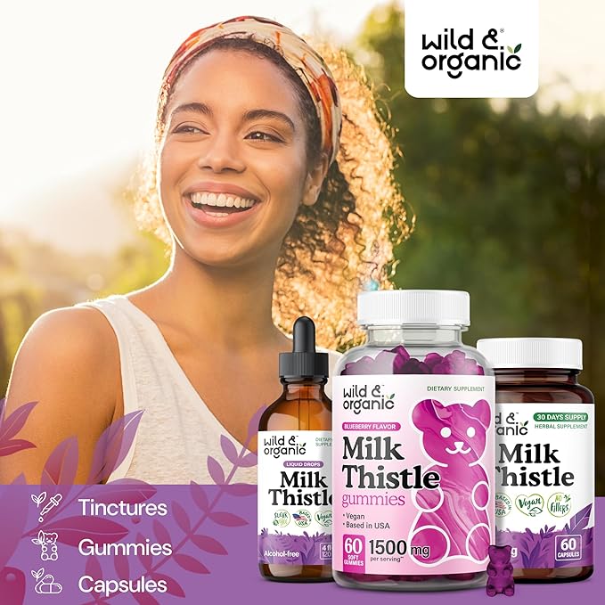 Wild &amp Organic Milk Thistle Gummies 1500mg - Herbal Supplement for Liver Cleanse Detox - Silymarin Milk Thistle Liver Detox Gummies - 60 Vegan Non-GMO Chews
