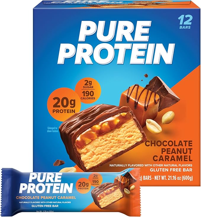 Pure Protein Chocolate Protein Shake 30g Protein 12 Pack and Pure Protein Bars 20g Protein Chocolate Peanut Caramel 12 Count