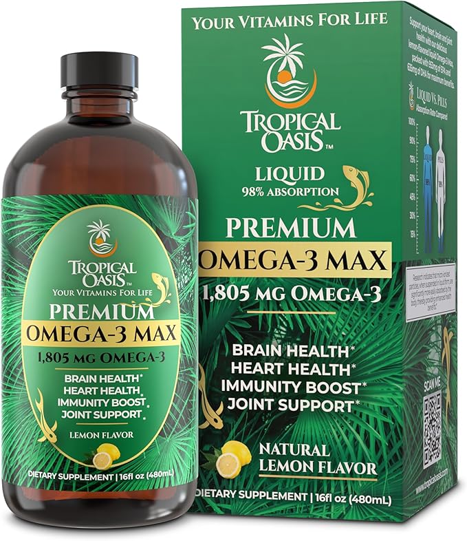 Premium Omega-3 Fish Oil Liquid Supplement | 1805mg EPA &amp DHA per Serving | Brain Heart &amp Joint Support | High Absorption No Fishy Burps | Natural Lemon Flavor | 16.1oz | 96 Servings