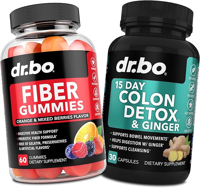 DR. BO Fiber Gummies Colon Cleanse &amp Ginger - Tasty Gummy Prebiotic Fiber Supplement - Bowel Movement Support for Gut &amp Stomach Cleansing