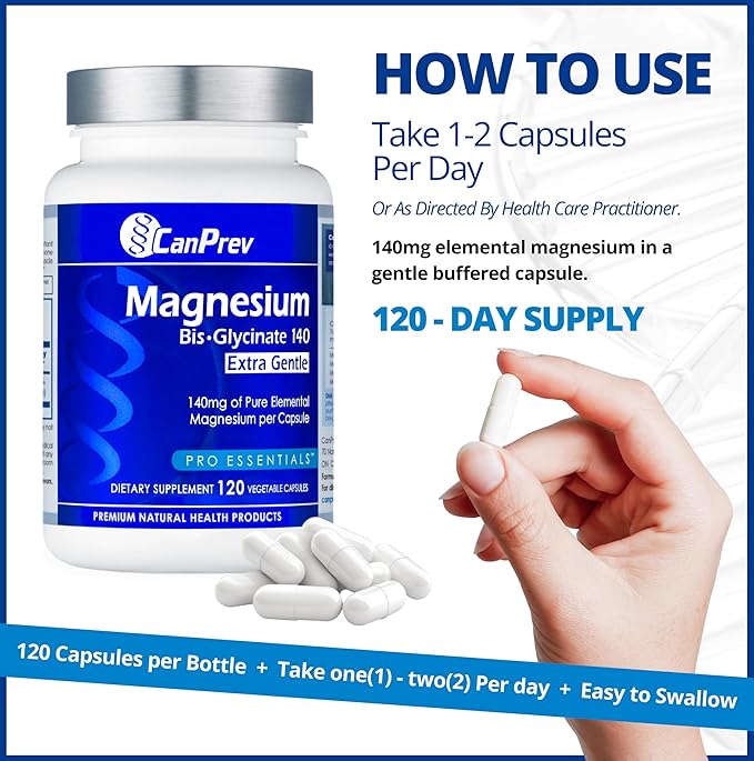 CanPrev Magnesium BisGlycinate Extra Gentle 140mg 120 v-Caps 120-Day Supply - Pure Elemental Magnesium Supplement Support Bone &amp Muscle Function Gentle on Stomach Perfect for Daily Magnesium N