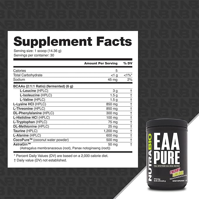 NutraBio – EAA Pure – 9 Amino Acids – Muscle Repair and Recovery 30 Servings Cherry Limeade – Pre or Post Workout – All Day Recovery