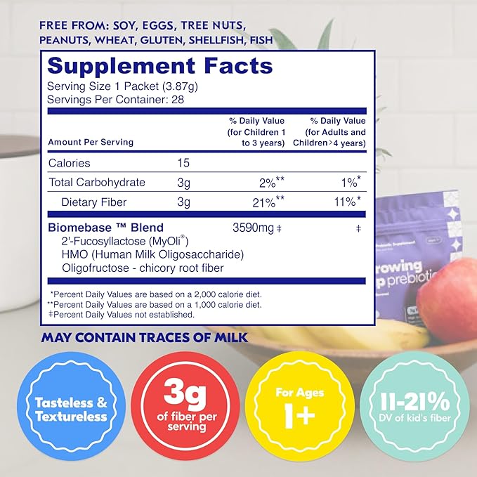 Begin Health Growing Up Prebiotics for Kids 28-Packs | Prebiotic Soluble Powder Stool Softeners and Digestive Gut Health Supplement | Ideal to Mix with Kids Daily Beverages and Soft Foods - Unflavored