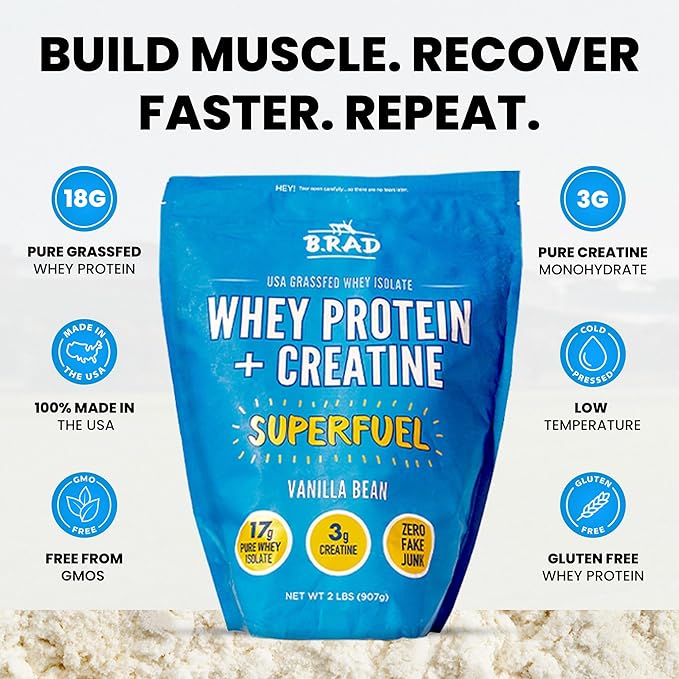 B.rad Superfuel - Grass Fed Whey Protein Isolate Boosted with Creatine | Farm-Fresh Easy-to-Digest Clean Ingredients | 2 Pounds | 100% USA Sourced | Vanilla Bean